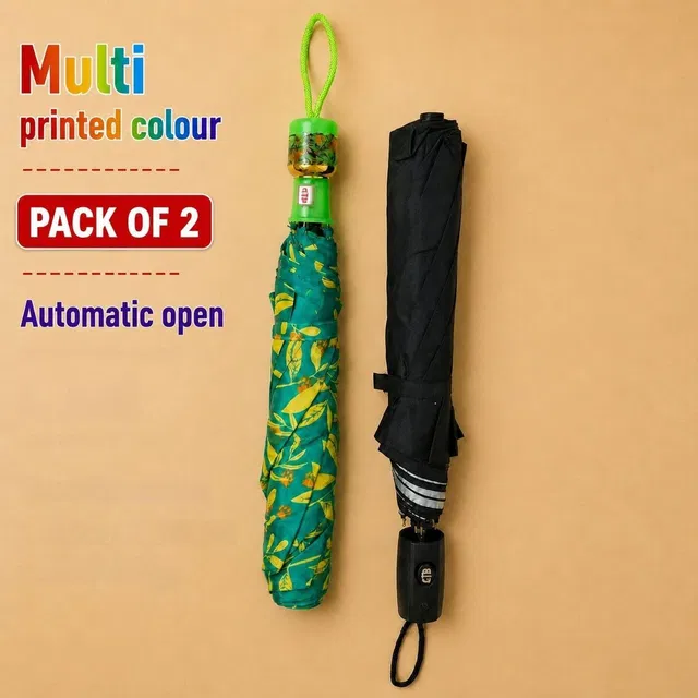 GTB Pack of 2 Auto Open Folding Umbrellas | Black + 1 Random Color Umbrella