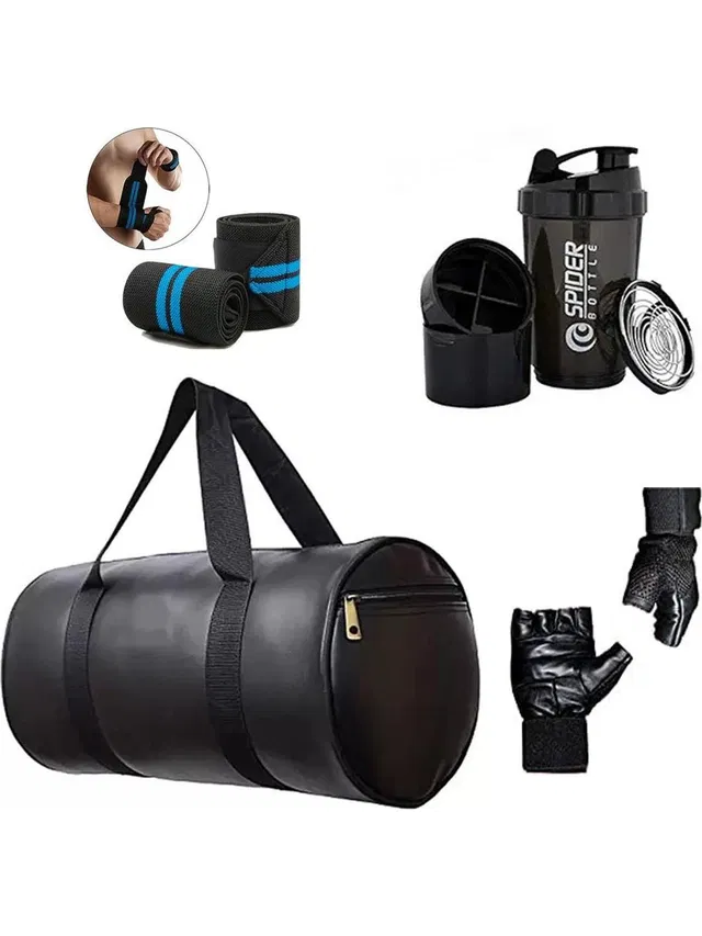 ANANYA ENTERPRISES Gym Bag Combo Men's Gloves black Wrist Support Band and big spider shaker Bottle Gym Duffel Bag