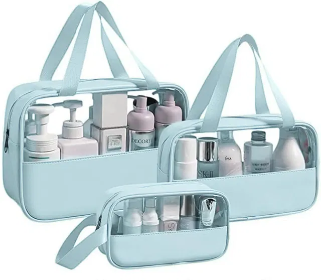 Hitansh Enterprise Transparent Cosmetic Bag Set Makeup Pouch Bag with Handle (BLUE set of 3)