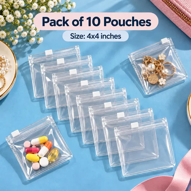 TraveEssentialz Transparent Pouches 4x4inch, Zip Lock Storage Bags for Medicine, Jewelry, Cables