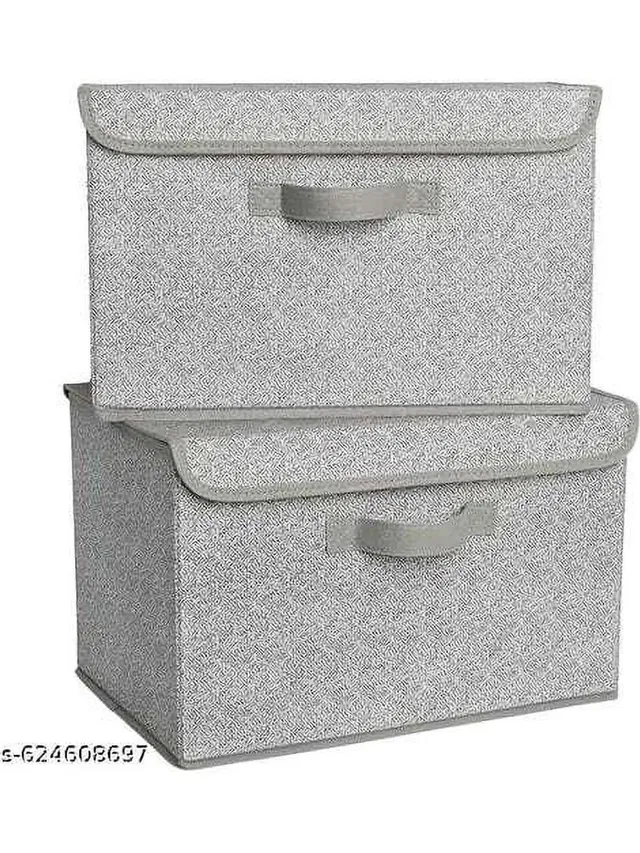 WOLFFIA Foldable Cloth Storage Boxes Set of 2 | Multipurpose Wardrobe Organizer with Lid & Handle | Large Stackable Storage Basket
