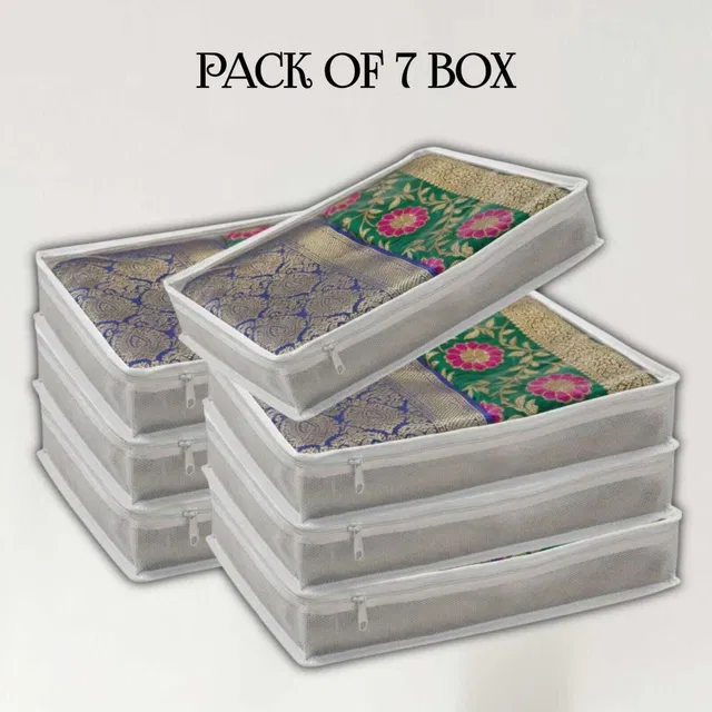 MDEnterprise “Premium Silver Saree Storage Boxes | Pack of 7 Heavy Quality Fabric Organizers | Transparent Zip Bags | Size 3 x 12.75 x 15.75 Inch”