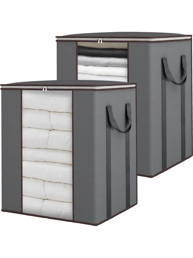 WOLFFIA Dustproof Foldable Underbed Blanket Storage Bag Wardrobe Organizer for Clothing Bedroom Comforter Closet Dorm/Sweater/Quilts Organizer Durable Zipper with Side Handle & Transparent Window Blanket Cover Pack of 2