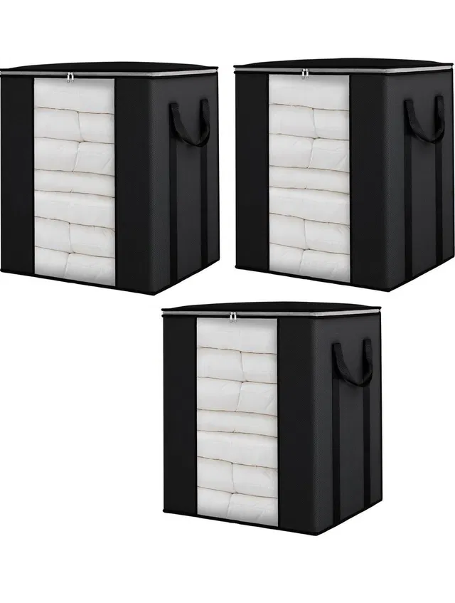 Craft Bazar 90L Large Capacity Foldable Clothes Storage Bag with Zipper & Transparent Window Durable Non-Woven Fabric Quilt, Blanket & Garment Organizer with Strong Side Handles for Wardrobe & Travel 3 Pieces
