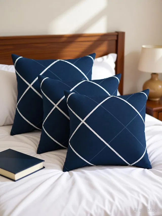 maatrikaa Polyester Fibre Cushion Pack of 3 Nature Blue Line Cushion Polyster Fibre - 16*16 inch