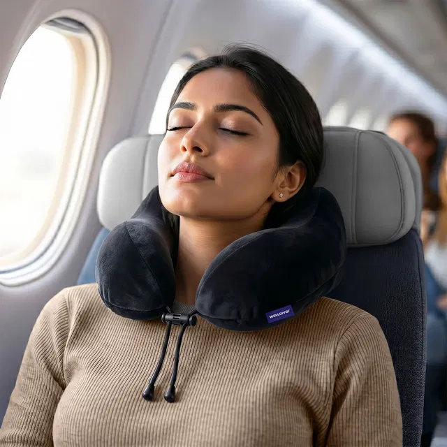 WELLGIVER Memory Foam Travel Pillow Pack of 1 Solid Ergonomic Support for Airplane, Car & Long Journeys, Soft Supportive Neck Pillow