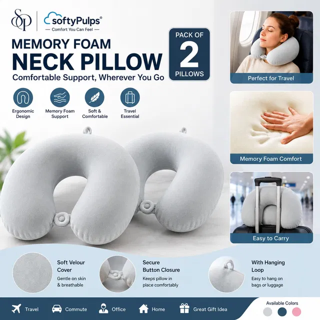 SoftyPulps Memory Foam Travel Pillow Pack of 2 Solid 1