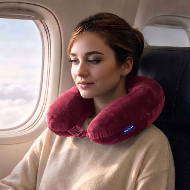 WELLGIVER Memory Foam Travel Pillow Pack of 1 Solid Ergonomic Support for Airplane, Car & Long Journeys, Soft Supportive Neck Pillow