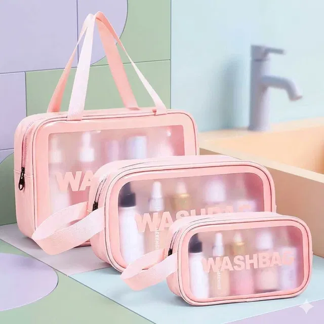 SKURU Pink Wash Bag Set of 3 Multipurpose Toiletry Travel Case Kit Travel Toiletry Kit
