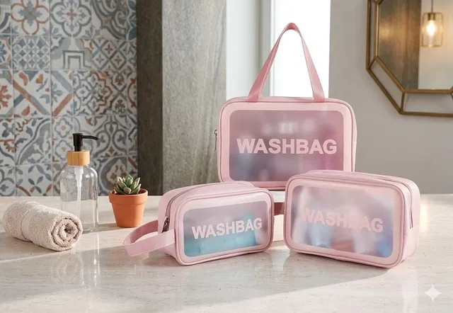 SHOPTIV Pink Wash Bag Set of 3 Portable Toiletry Cosmetic Organizer Travel Toiletry Kit