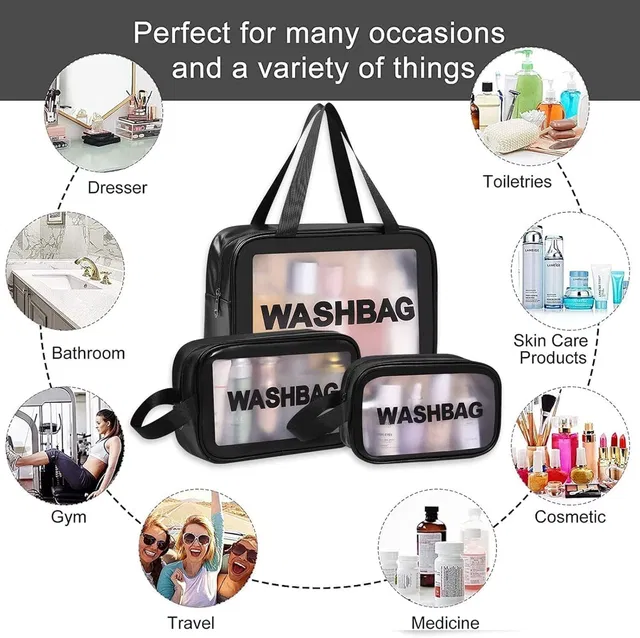 dharti enterprise Pvc Travel Makeup Bag Cosmetic Bag for Women Toiletr Storage Kit Set of 3 -Black Travel Toiletry Kit