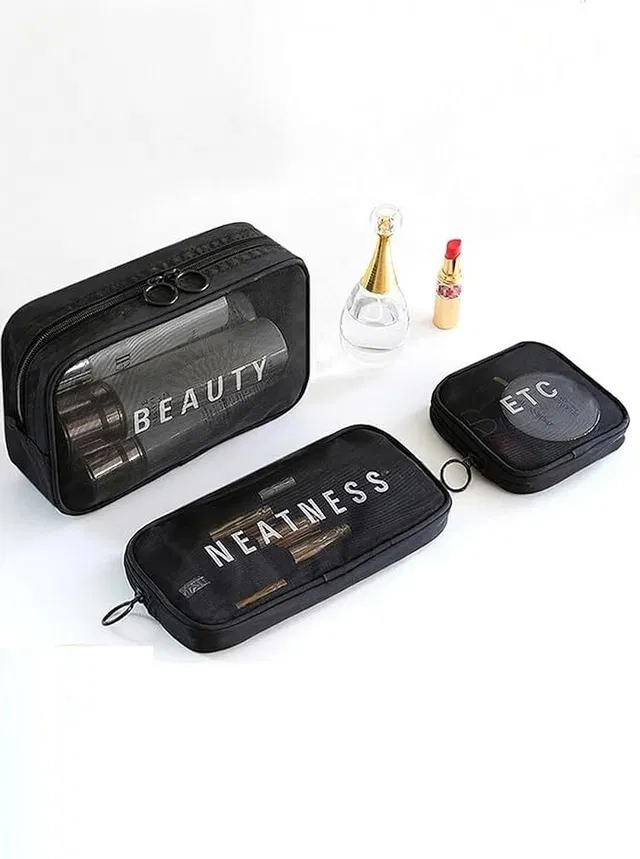 OXMEZA Travel Mesh Makeup Bags Set 3 Pieces Zipper Pouch Travel Toiletry Kit