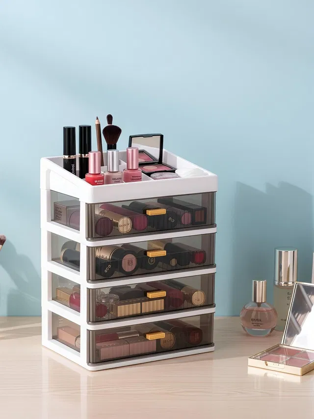 CENTURY Organizer Plastic Storage Box with Sliding Drawer for Cosmetics and Jewellery 4 Compartment Vanity Box