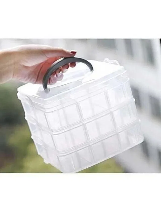 Angelware 3 Layers 18 Grid Plastic Transparent Jewelry Storage Box Portable Jewelry Box Lipstic, Brushes, Nail Polish, Jewelry, Makeup, Dressing table Vanity Box