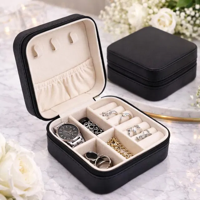 Ziweaye Small Travel Jewellery Organiser Box PULeather Portable Case With Dividers Black Party, Casual, Regular, Occasion Vanity Box