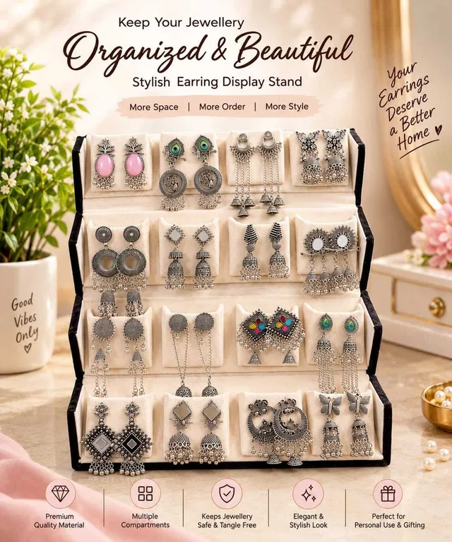 Aurav Oxidized Silver Jhumka Earrings Organizer Set | 16 Pair Antique Silver Jewellery Foldable Jhumka Earning Organizer, (Jewellery Included) Vanity Box