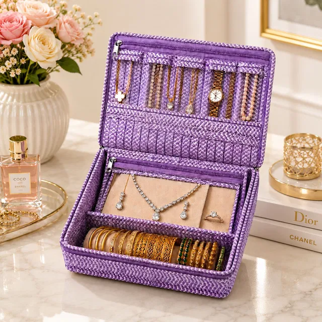 storvora Purple Multi-Compartment Jewellery Pouch Jewellery Storage Makeup Pouches Vanity Box