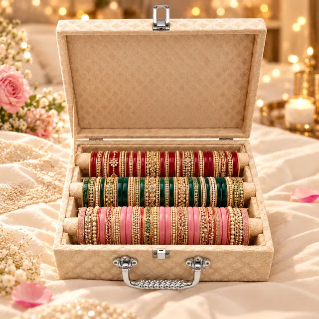 BanGlow Bangle Organizer Box, 3 Rod Chudi Storage with Handle & D-Lock Beige Wedding Gift, Bangle Storage Box, Bangle Organizer Box, Chudi Box, Chudi Organizer Vanity Box