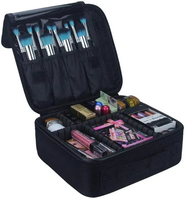 Dizaa Professional Cosmetic Makeup Storage Organizer Bag with Adjustable Compartment Multi Compartment, Dual Zipper Closure, Easy to Carry, Water proof, Makeup Brush Holder Vanity Box