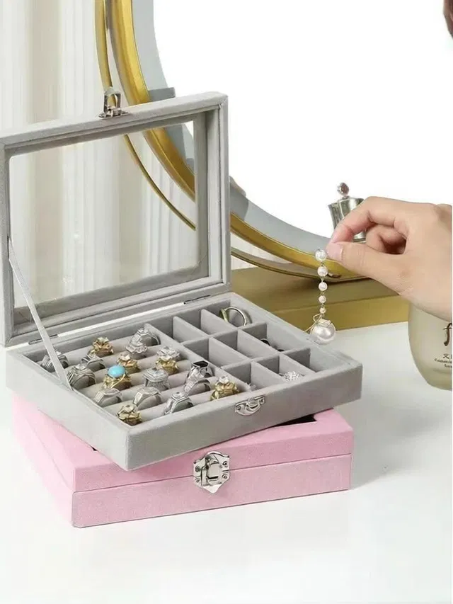 DURIGO SHOPPERS Women's Velvet Glass Ring Earrings Jewelry Box Small Travel Jewelry Organizer Vanity Box