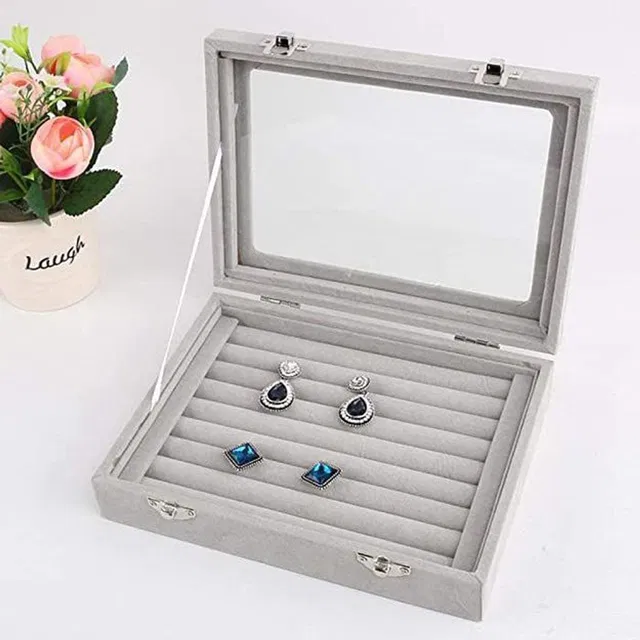 Triock Velvet Glass Ring Jewellery Box Display Storage Showcase Holder Organizer (Grey) Display, Show Piece Vanity Box
