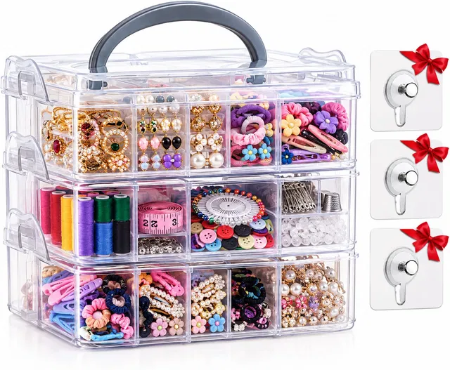 Padchaaya 3 Layer 18 Grid Stackable Storage Removable Compartment for Craft Organizer for Jewelry; beads; beauty; makeup & sewing supplies+3 pcs Frame Hook (FREE) Vanity Box