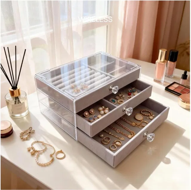 PRITOVA 3 Layer Acrylic Jewellery Organizer Storage Box with Drawers for Rings Earrings Jewellery Organization, Ring Storage, Earring Storage, Necklace Storage Vanity Box