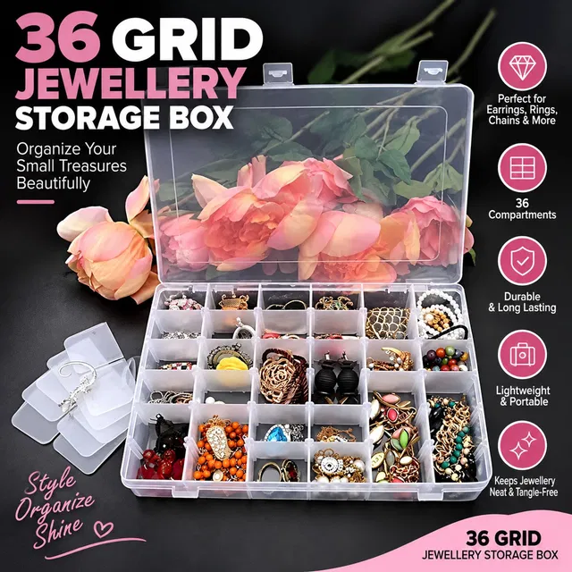 VENDIFY 36 Grids Clear Plastic Storage Box with Adjustable Dividers Organizer 36 Grids Plastic Storage Box Vanity Box