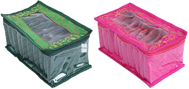 HOMESTIC Cotton 2 Pieces 10 Pouch Jewellery Box (Pink & Green) Jewellery Organizer Vanity Box