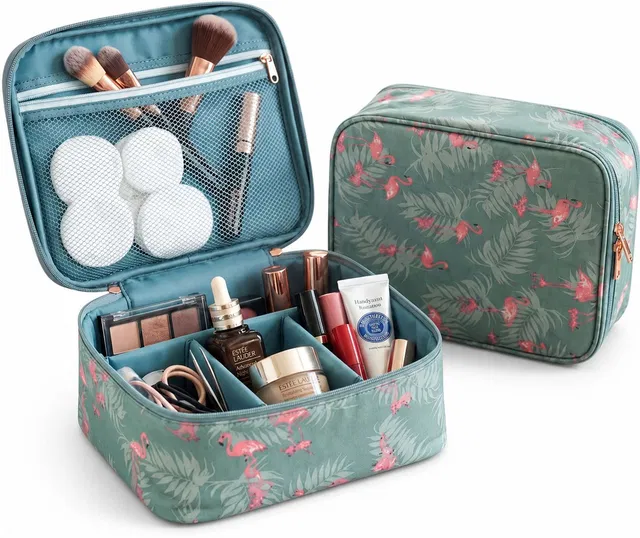 VEZACIE Travel Makeup Pouch Cosmetic Organizer Bag Flamingo Print Green Makeup Storage, Cosmetic Organizer, Travel Organizer, Jewelry Storage Vanity Box