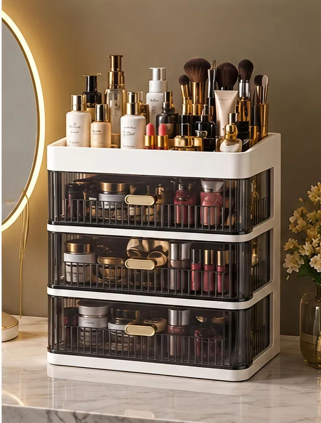 Jigson Enterprise 3 Layer Jewellery Organizer Box with Drawers for Makeup and Accessories 4 Compartment, Multi-Purpose Usage, Space-Saving Design Vanity Box