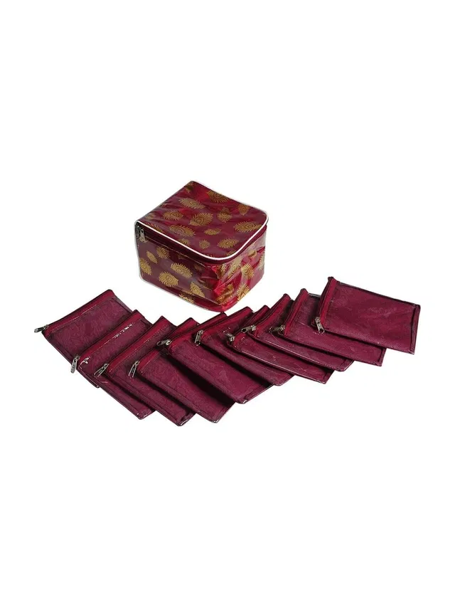 Bhumi Brocade Jewellery Box Organizer with 10 Pouch For Traveling Makeup and Jewellery Vanity Box