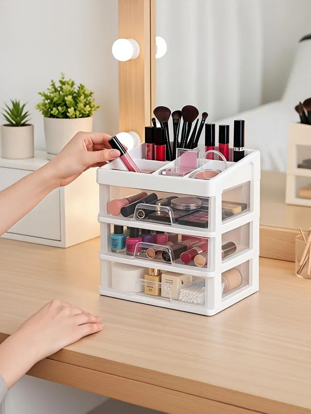 KITCHMAX Organizer Plastic Storage Box with Sliding Drawer for Cosmetics and Jewellery 7 compartment Vanity Box