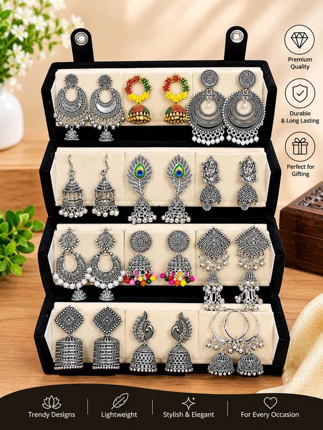 DSP DIGITAL OUTLET Viral Stylish Jhumka Box OF 12 Pair Of Earing With Velvet Box 12 Pair Earring Set Vanity Box