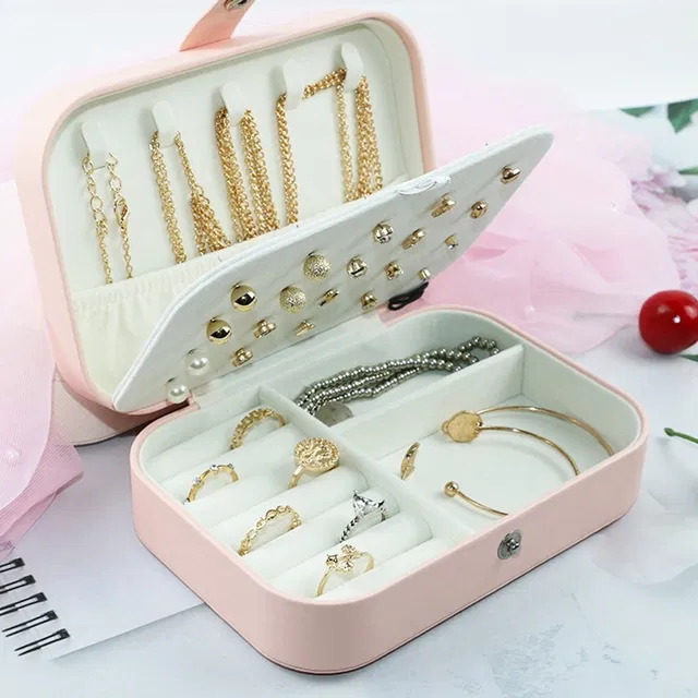 PYXBE Travel Jewelry Organizer,PU Leather Travel Jewelry Case,Double Layer Small Jewelry Box for Women Girls,Jewelry Organizer Box for Necklace,Ring,Earring Multi Jewelry Organizer Vanity Box (Pink) Multi Jewelry Organizer Vanity Box