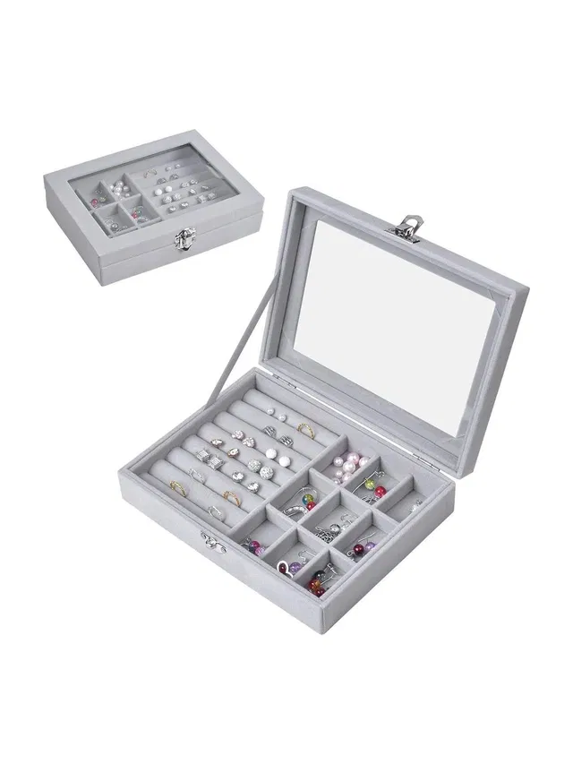 DURIGO SHOPPERS 9 Grid Velvet Travel Jewelry Storage Box Organizer Holder Case Velvet Glass Ring Earrings Jewelry Box Vanity Box