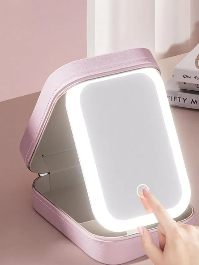 Dejmin Three-Color Variable Light Makeup Mirror,LED OneWay Mirror Cosmetics StorageBag Makeup Storage Box with LED Light Mirror- Portable Travel Makeup box Vanity Box