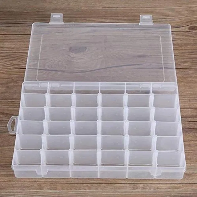JIGSHTIAL 36 Grids Clear Plastic Storage Box with Adjustable Dividers Organizer Pills Drug 36 Grids Clear Plastic Storage Box Vanity Box