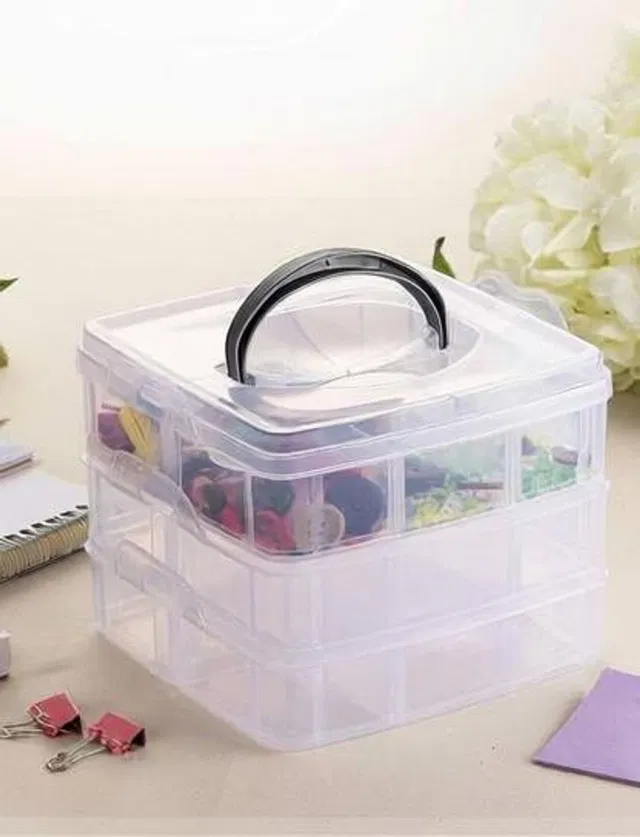 Kavish Enterprise 3 Layer-18 Grids Transparent Plastic Organizer Jewelry Craft Storage Box jewellery, multi function Vanity Box