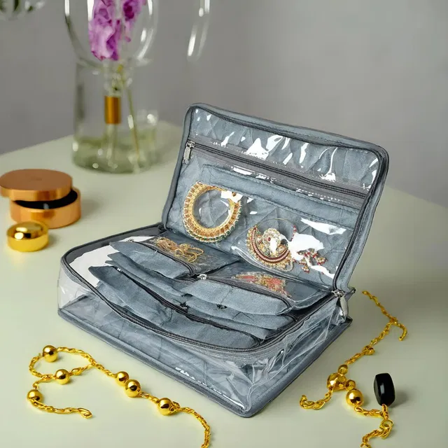 HOMESTIC Laminated PVC Travel Jewelry Organiser With 13 Transparent Pouches (Grey) Jewellery Organizer Vanity Box