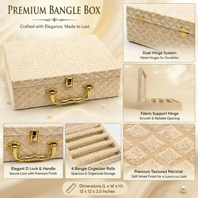 Zaira Elegance Premium 4 Rod Cream Velvet Bangle Box | Hard Shell Bridal Chooda Organizer D-Lock Vanity Box