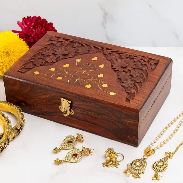 BAKKALART Multipurpose Wooden Jewelry Organizer Box with Lock Storage Case for Rings Jewellery & Makeup Storage Vanity Box