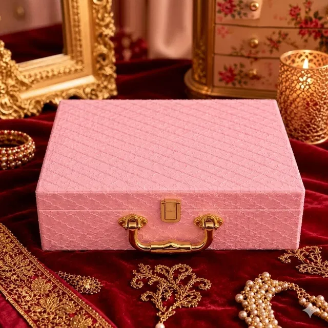 BaekPaek Premium Pink Bangle Storage Box | 3 Rod Bridal Trousseau Jewellery Organizer D-Lock Vanity Box