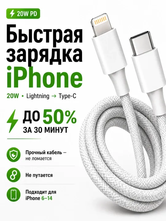 Кабель для iPhone Macaron 20W быстрая зарядка Type-C на Lightning зарядка для айфона