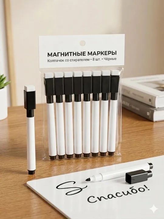 Магнитные маркеры для доски с колпачком-стирателем, 8 шт., черные