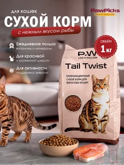 Paw Picks Tail Twist сухой корм для кошек с рыбой 1 кг