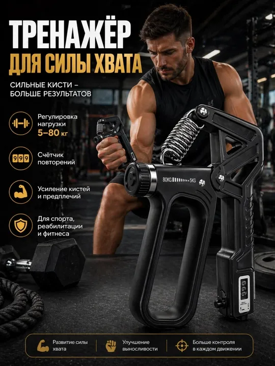 Эспандер кистевой, регулируемый, 5–80 кг, со счётчиком повторений, для тренировки хвата