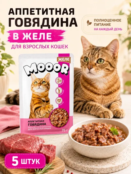 Mooor влажный корм для кошек аппетитная говядина в желе 75 гр 5 шт