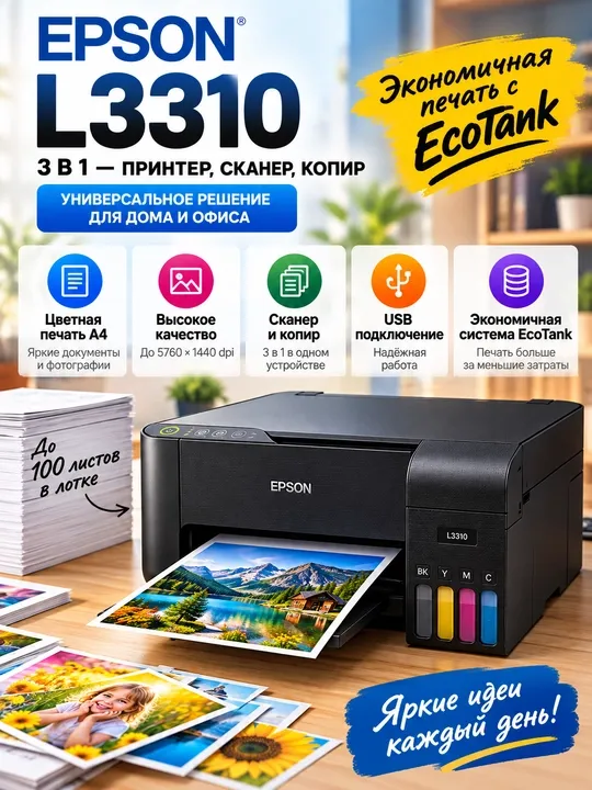 Epson L3310 цветное МФУ, принтер, сканер и копир, EcoTank, A4, USB