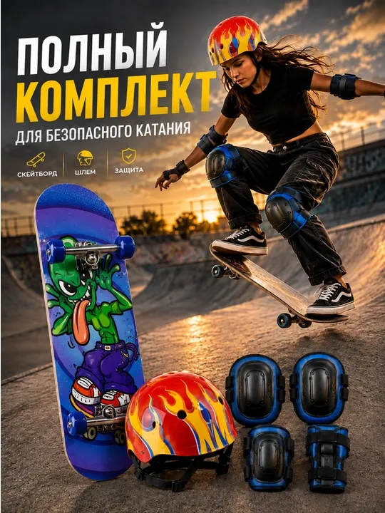 Скейтборд, комплект скейтборда, скейтборд со шлемом, скейтборд с защитой, детский скейтборд